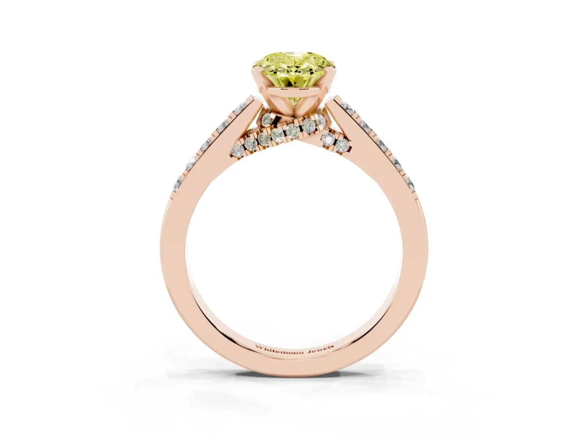 Fancy Yellow Oval Cut Diamond Solitaire Ring with Crossover Gallery and Round Pavé Band Rose gold