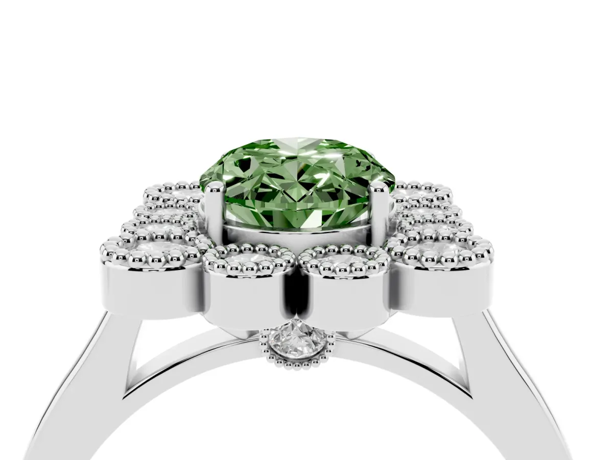 Fancy Green Oval Cut Halo Diamond Cluster Engagement Ring with Milgrain Bezel Setting and Solitaire Band Silver