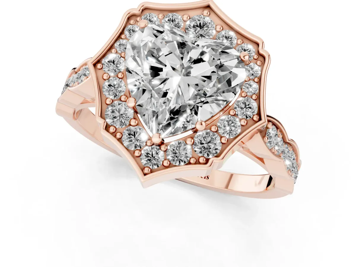 Heart Cut Halo Diamond Engagement Ring with Milgrain Band and Four-Prong Setting Rose gold