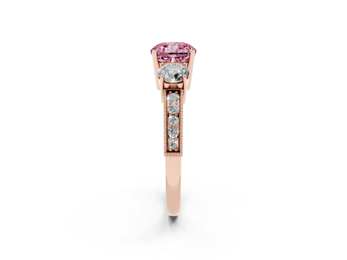 Fancy Pink Cushion Cut Three-Stone Diamond Ring with Pavé Band and Four-Prong Setting Rose gold