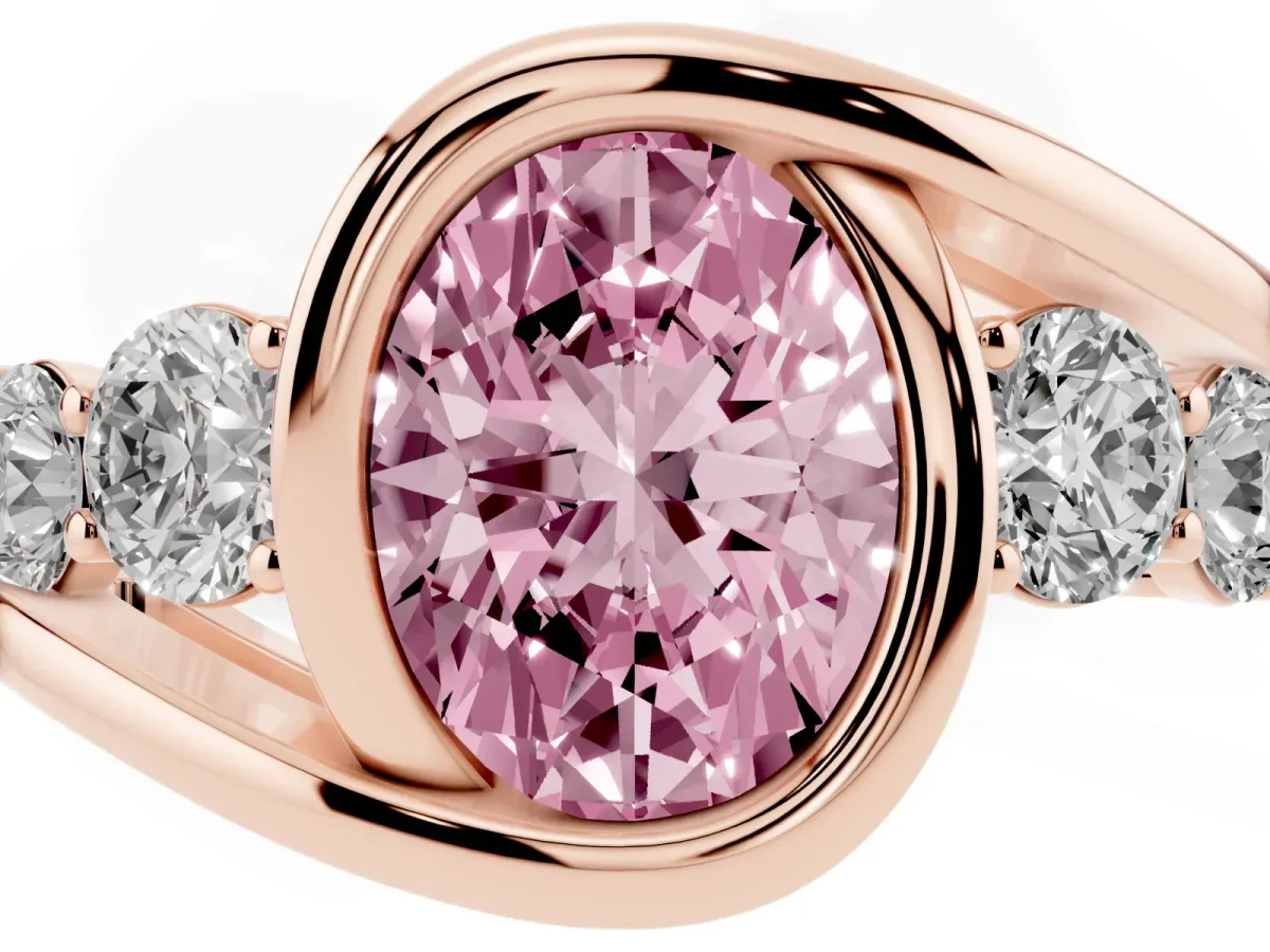 Fancy Pink Bezel Set Oval Cut Diamond Bypass Ring with Round Accents Rose gold