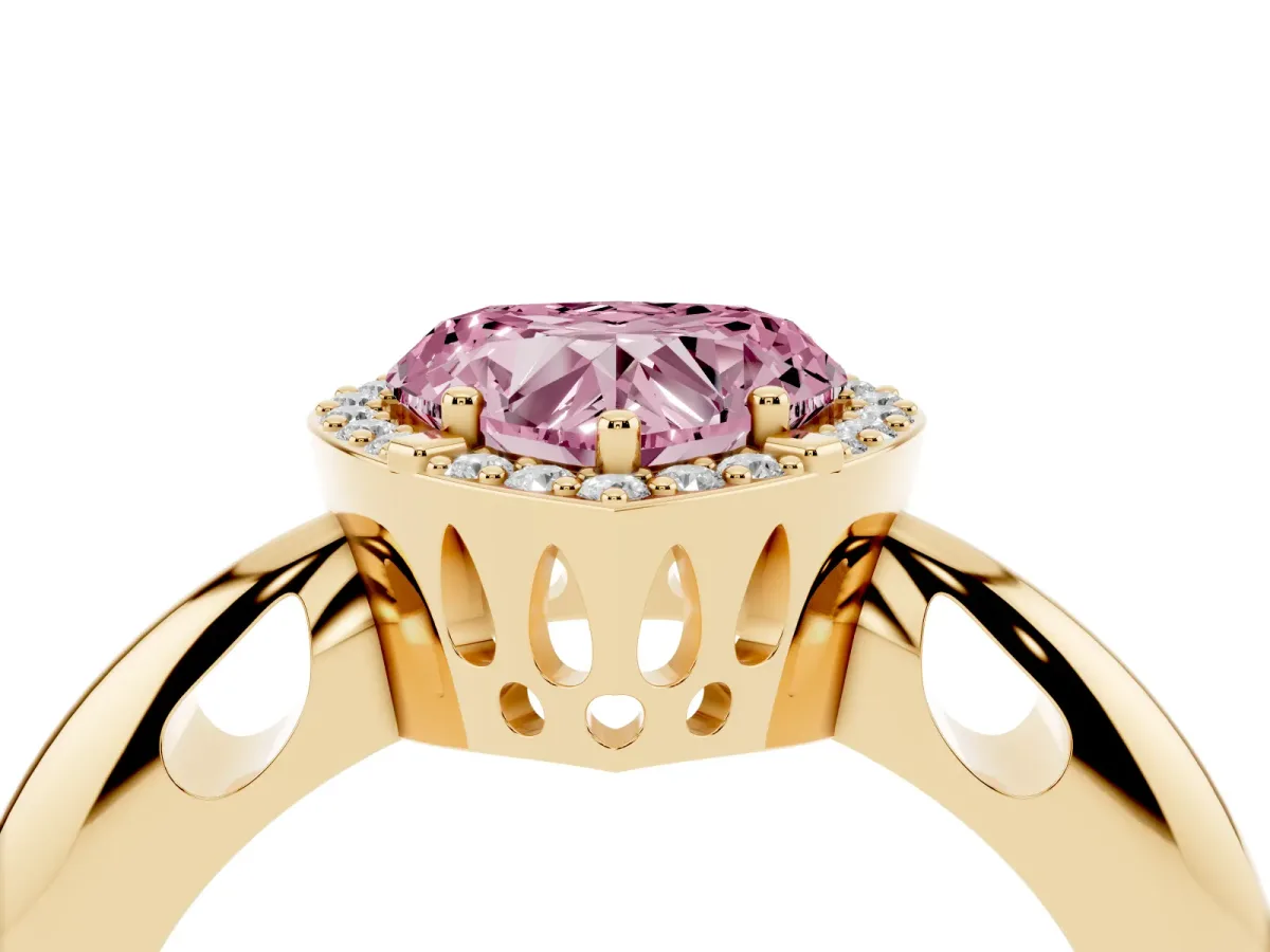 Fancy Pink Heart Cut Cut Diamond Halo Engagement Ring with Split Shank and Four-Prong Setting Yellow gold