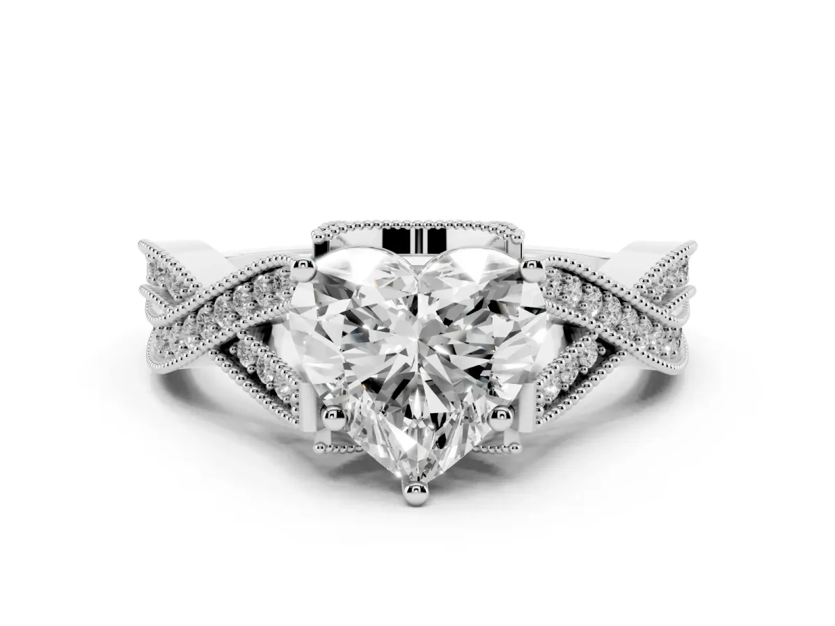 Heart Cut Cut Diamond Twisted Band with Milgrain Pave Setting and Four-Prong Setting Silver
