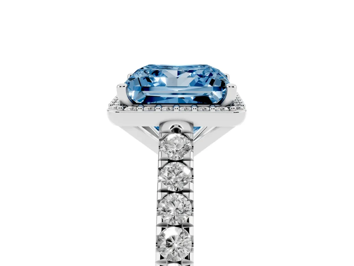 Fancy Blue Princess Cut Cut Halo Diamond Engagement Ring with Pave Band and Four-Prong Setting White gold