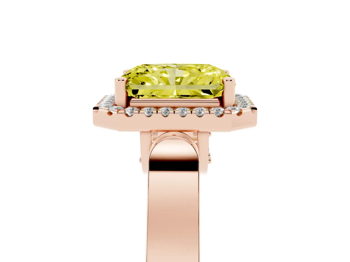 Fancy Yellow Radiant Cut Halo Round Diamond Twist Band with Four-Prong Setting Rose gold