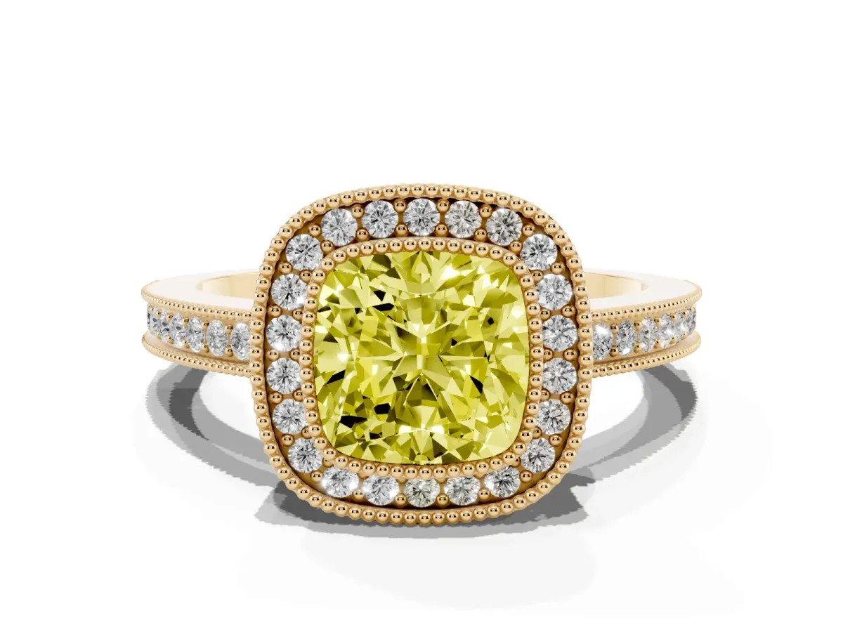 Fancy Yellow Cushion Cut Cut Halo Diamond Ring with Pavé Band and Milgrain Prong Setting Yellow gold