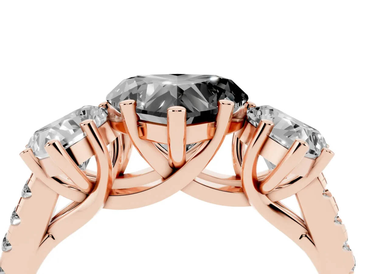 Fancy Black Three-Stone Heart Cut Diamond Ring with Round Pavé Band and Prong Setting Rose gold