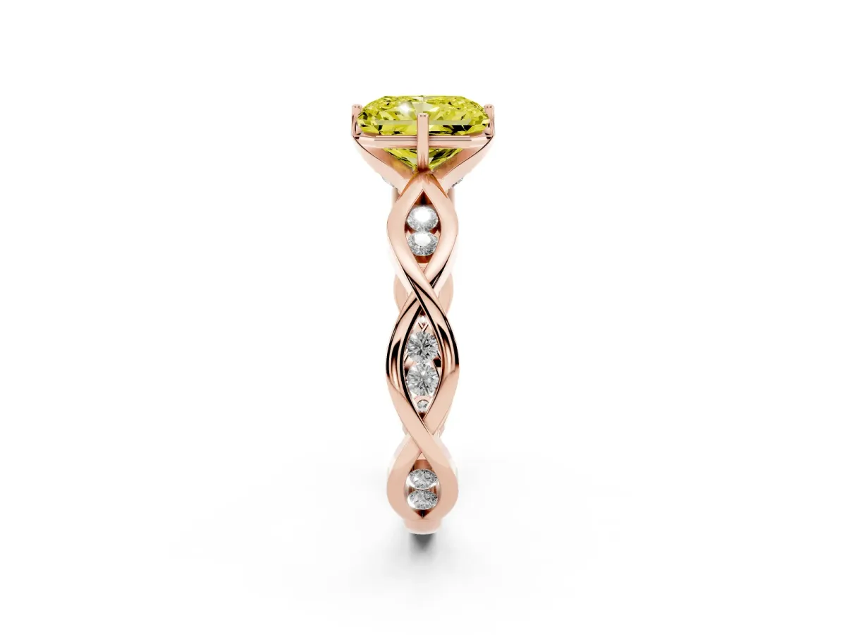 Fancy Yellow Radiant Cut Solitaire Twist Band with Leaf Prong Setting Rose gold