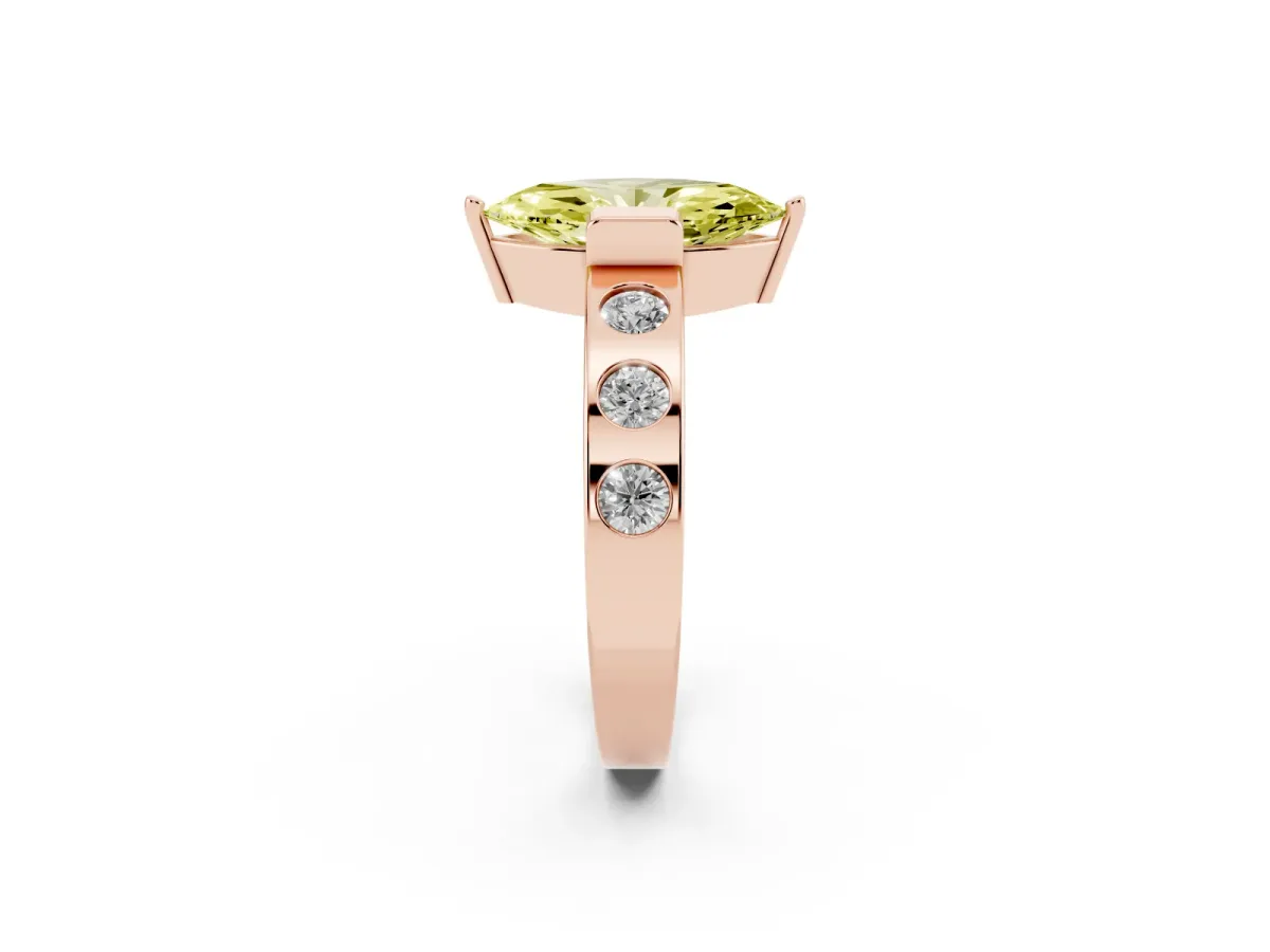 Fancy Yellow Marquise Cut Brilliant Channel-Set Diamond Ring with Bezel Prong Setting Rose gold