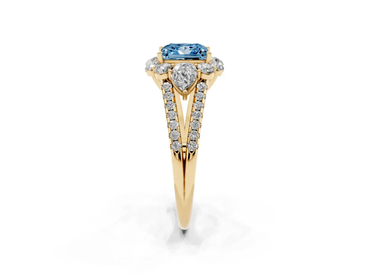 Fancy Blue Princess Cut Halo Split Shank Diamond Engagement Ring with Prong Setting Yellow gold