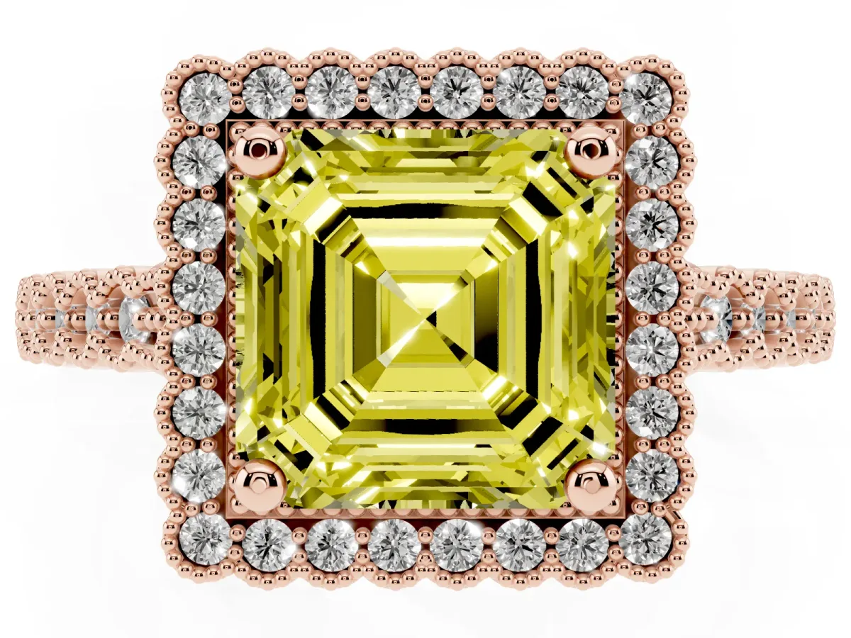 Fancy Yellow Asscher Cut Cut Halo Pavé Solitaire Ring with Milgrain Band Rose gold