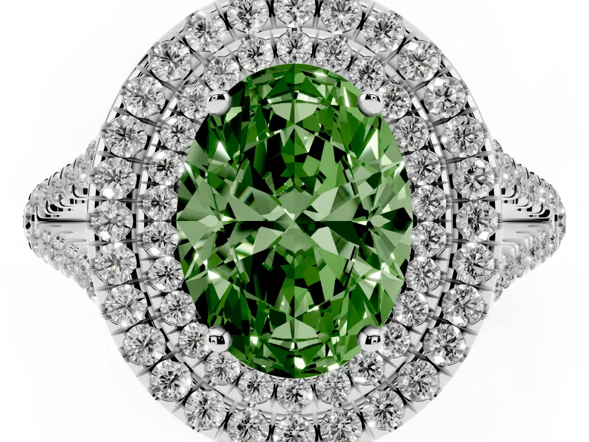 Fancy Green Oval Cut Diamond Double Halo Ring with Pavé Band and Prong Setting Silver