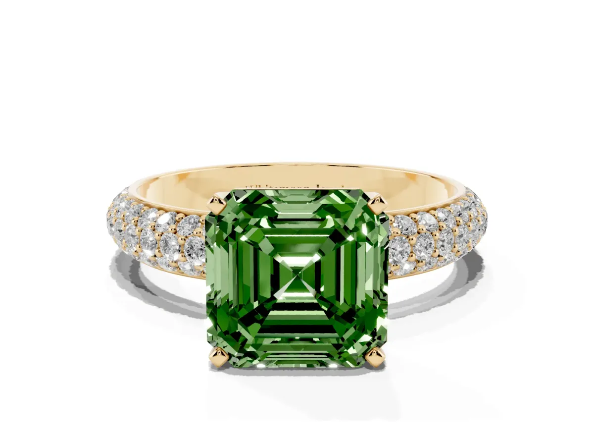 Fancy Green Asscher Cut Diamond Solitaire Ring with Prong Setting and Pavé Band Yellow gold