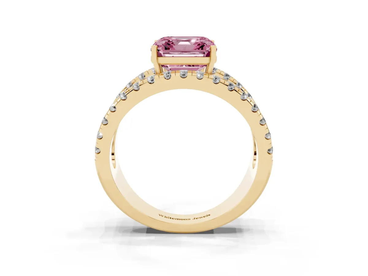 Fancy Pink Asscher Cut Solitaire Split Shank Pave Diamond Ring Yellow gold