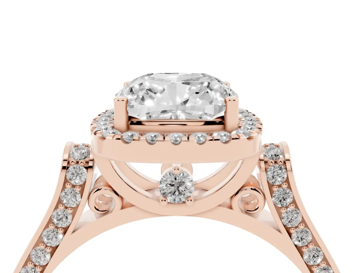 Cushion Cut Halo Pave Split Shank Prong Setting Ring Rose gold
