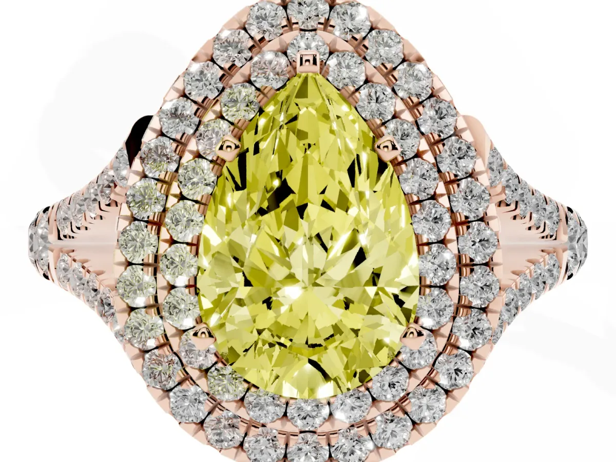 Fancy Yellow Pear Cut Diamond Pavé Split Shank Double Halo Engagement Ring Rose gold