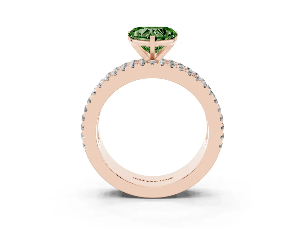 Fancy Green Heart Cut Diamond Solitaire Ring with Pavé and Channel Set Band Rose gold