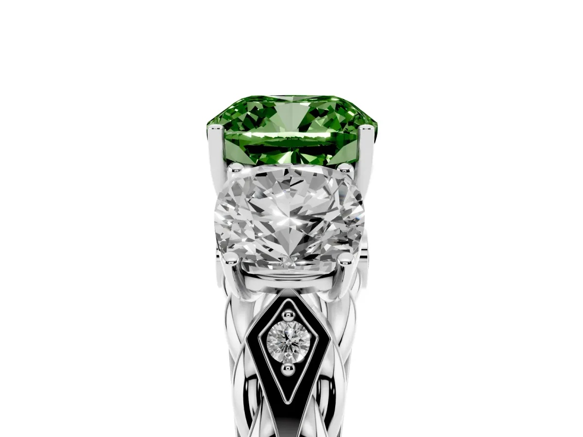 Fancy Green Three-Stone Cushion Cut Diamond Braided Band Ring with Four-Prong Setting Silver