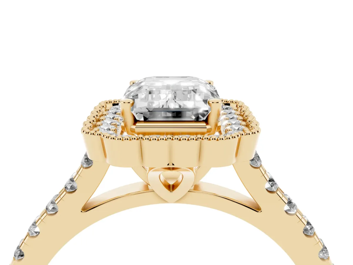 Emerald Cut Cut Diamond Milgrain Floral Halo Engagement Ring with Pavé Band Yellow gold