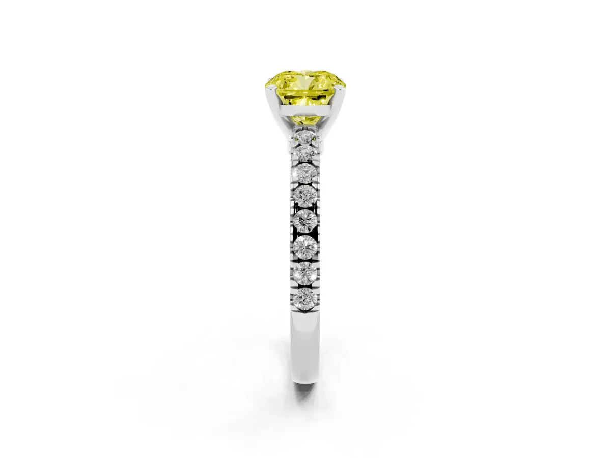 Fancy Yellow Cushion Cut Solitaire Diamond with Pavé Band and Four-Prong Setting White gold