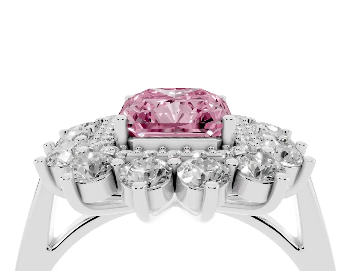 Fancy Pink Radiant Cut Diamond Floral Double Halo Engagement Ring with Prong Setting Silver