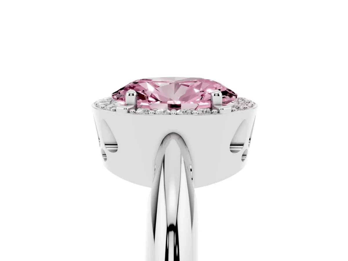 Fancy Pink Oval Cut Cut Diamond Halo Engagement Ring with Split Shank and Four-Prong Setting Silver