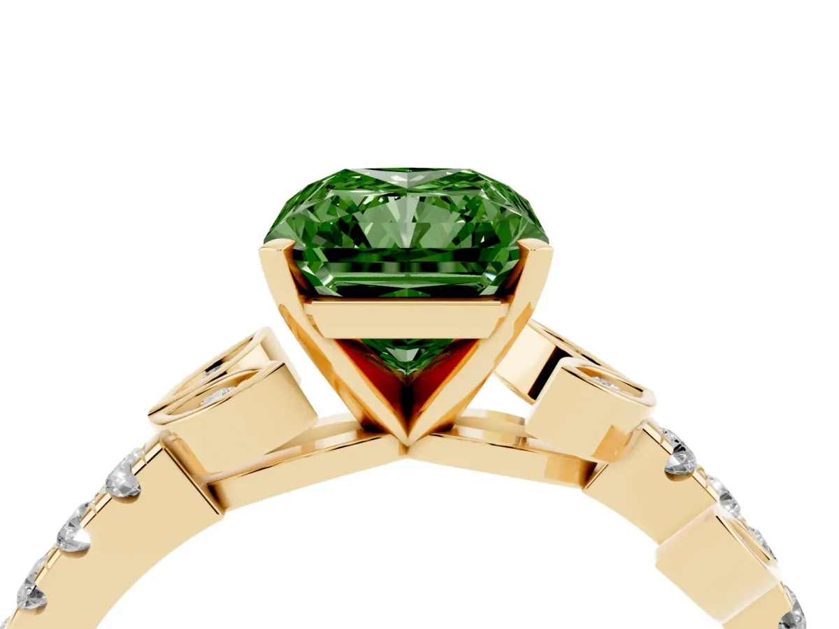 Fancy Green Radiant Cut Solitaire Leaf-Inspired Diamond Ring with Pavé Band and Four-Prong Setting Yellow gold