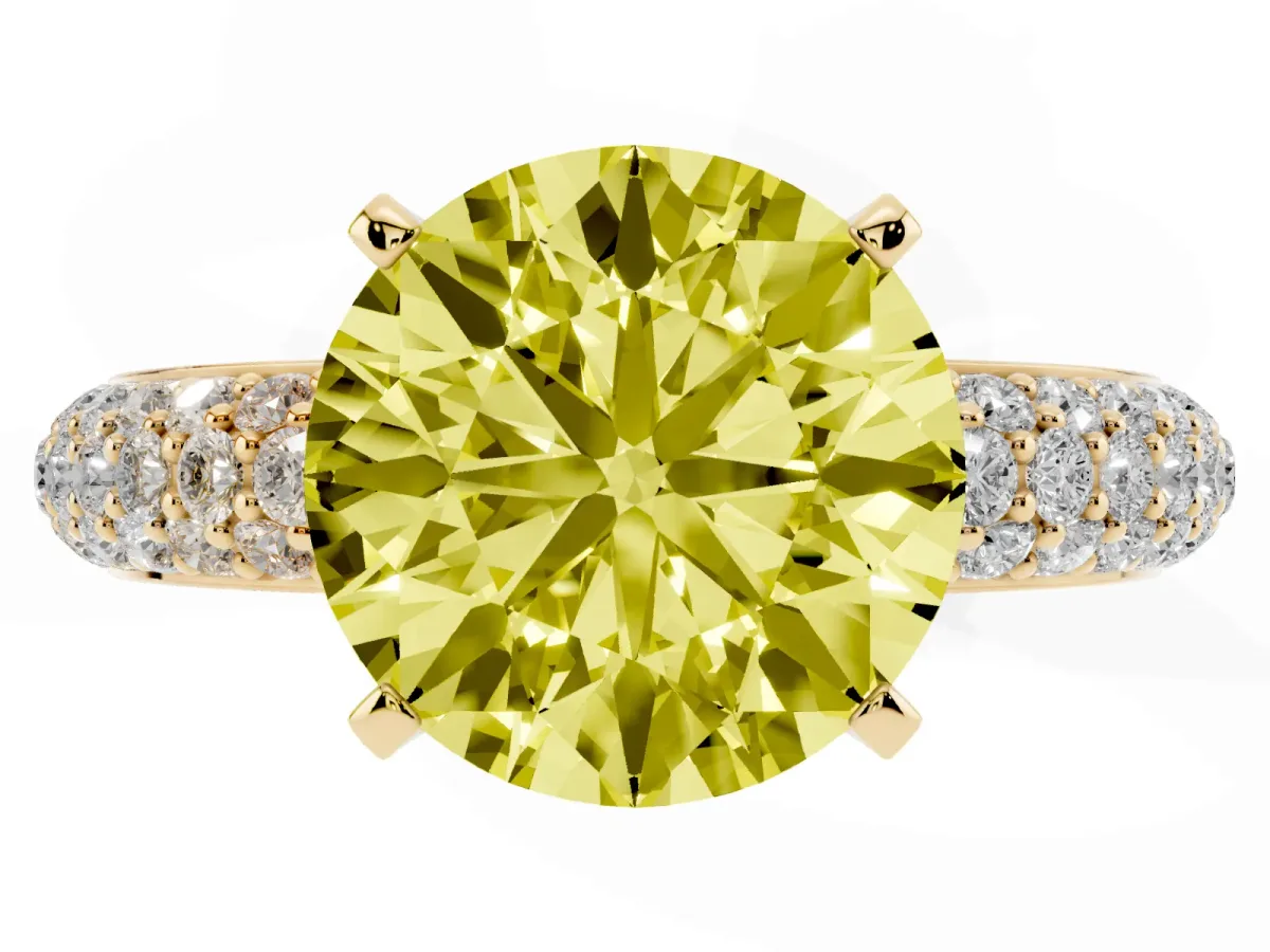 Fancy Yellow Round Cut Diamond Solitaire Ring with Prong Setting and Pavé Band Yellow gold