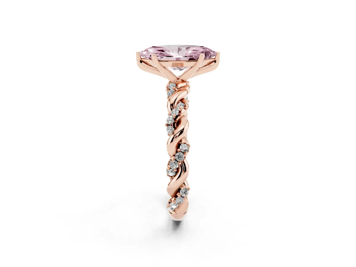 Fancy Pink Marquise Cut Diamond Solitaire Ring with Twisted Band and Pavé Accents Rose gold
