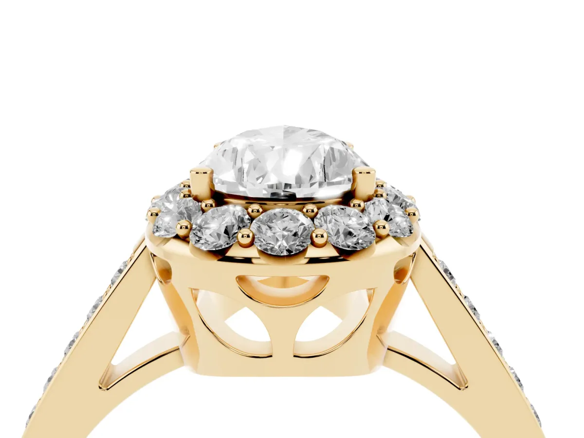 Pear Cut Diamond Floral Halo Ring with Pavé Band and Prong Setting Yellow gold