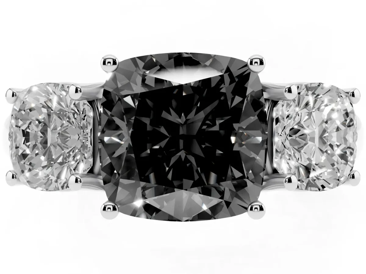 Fancy Black Three-Stone Cushion Cut Diamond Engagement Ring with Prong Setting Silver