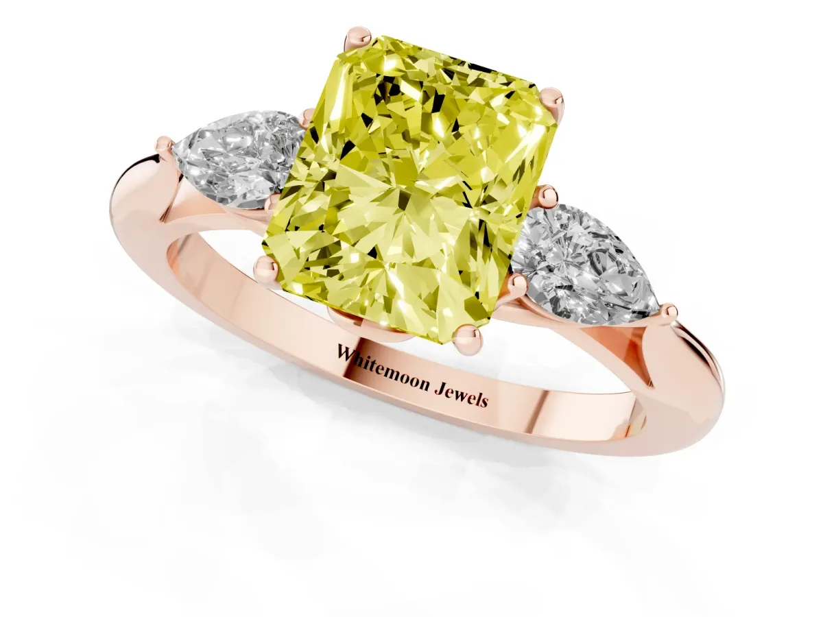 Fancy Yellow Radiant Cut Diamond Three-Stone Ring with Pear Side Stones and Prong Setting Rose gold