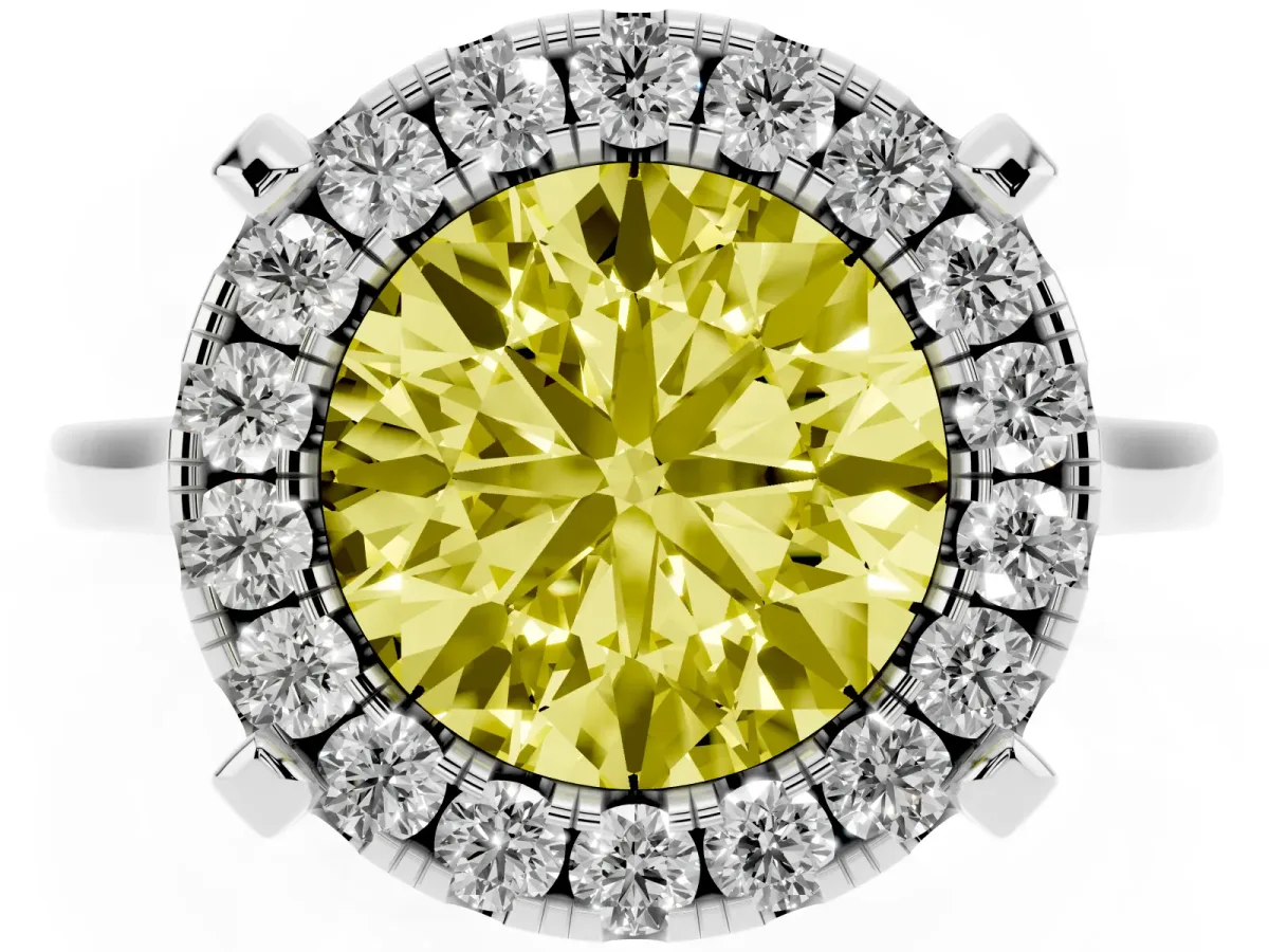 Fancy Yellow Round Cut Diamond Cluster Halo Solitaire with Four-Prong Setting Platinum