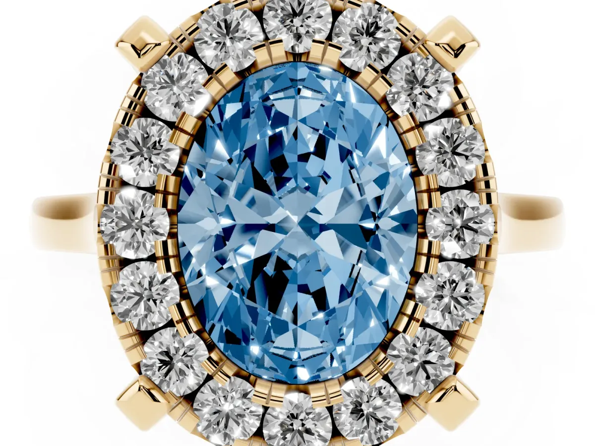 Fancy Blue Oval Cut Diamond Cluster Halo Solitaire with Four-Prong Setting Yellow gold