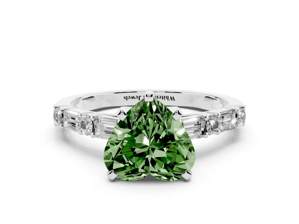 Fancy Green Heart Cut Diamond Solitaire with Side Baguettes and Channel Set Band White gold