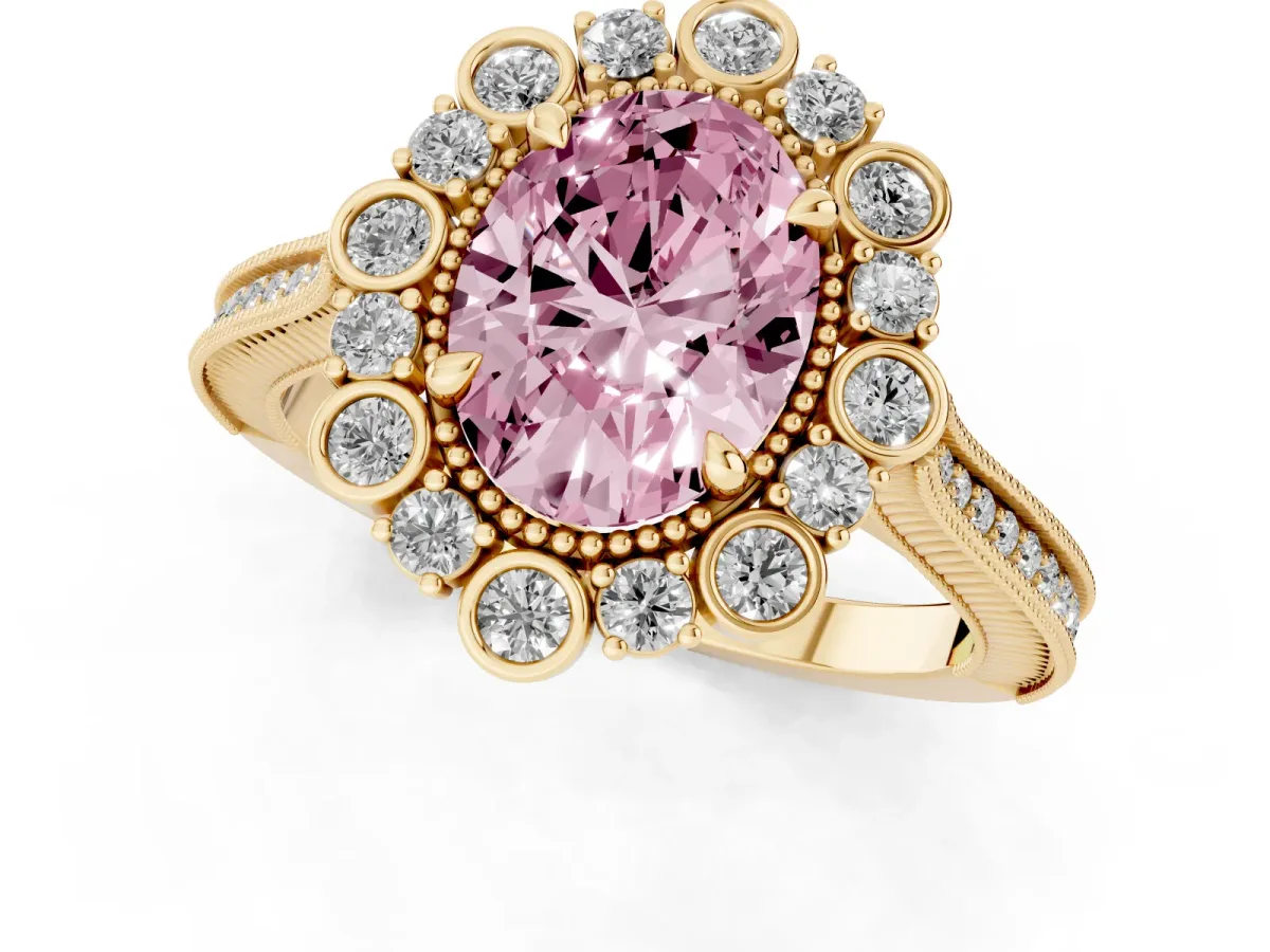 Fancy Pink Oval Cut Halo Milgrain Pave Diamond Ring with Four-Prong Setting Yellow gold