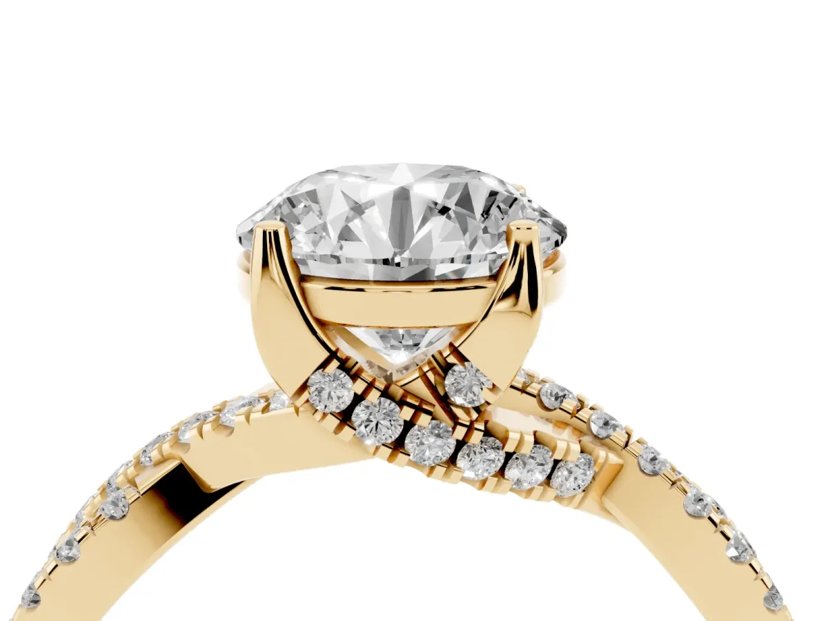 Round Cut Solitaire Twist Pave Diamond Engagement Ring with Prong Setting Yellow gold