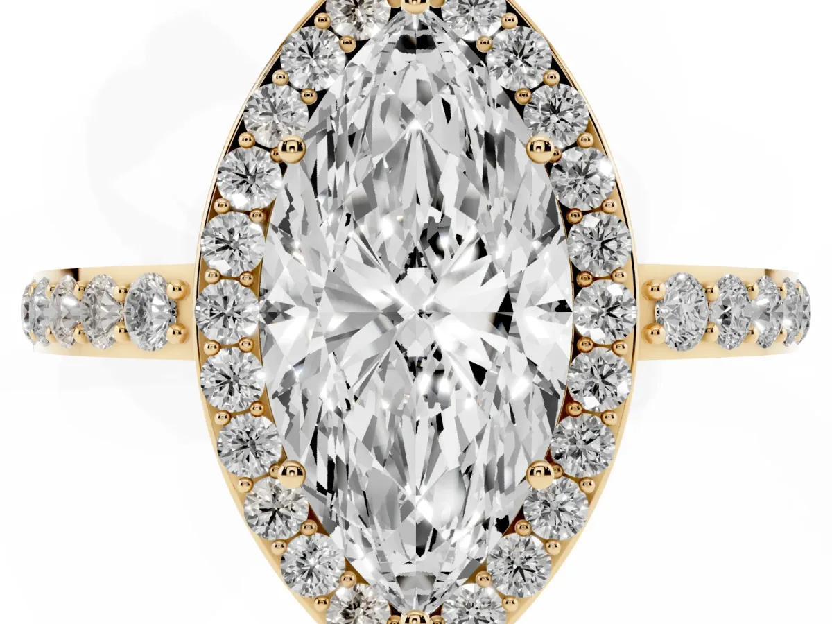 Marquise Cut Halo Diamond Pavé Band Ring with Prong Setting Yellow gold