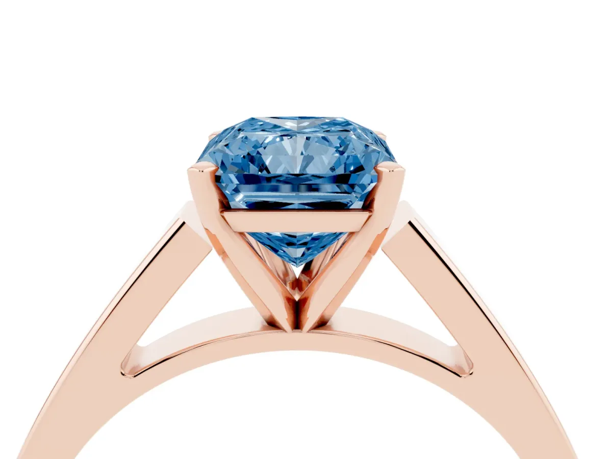 Fancy Blue Radiant Cut Solitaire Engagement Ring with Four-Prong Setting and Tapered Band Rose gold