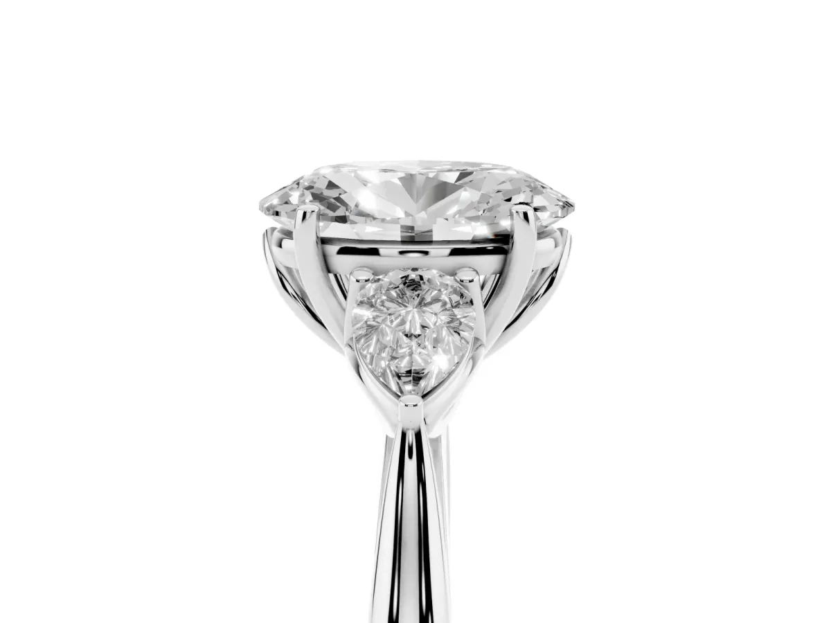 Oval Cut Diamond Three-Stone Ring with Pear Side Stones and Prong Setting Silver