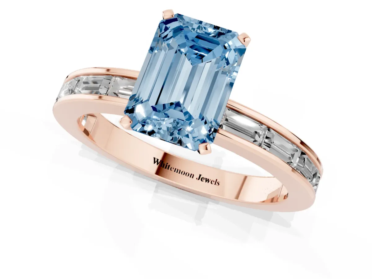 Fancy Blue Emerald Cut Solitaire Diamond Ring with Channel-Set Baguette Band and Four-Prong Setting Rose gold