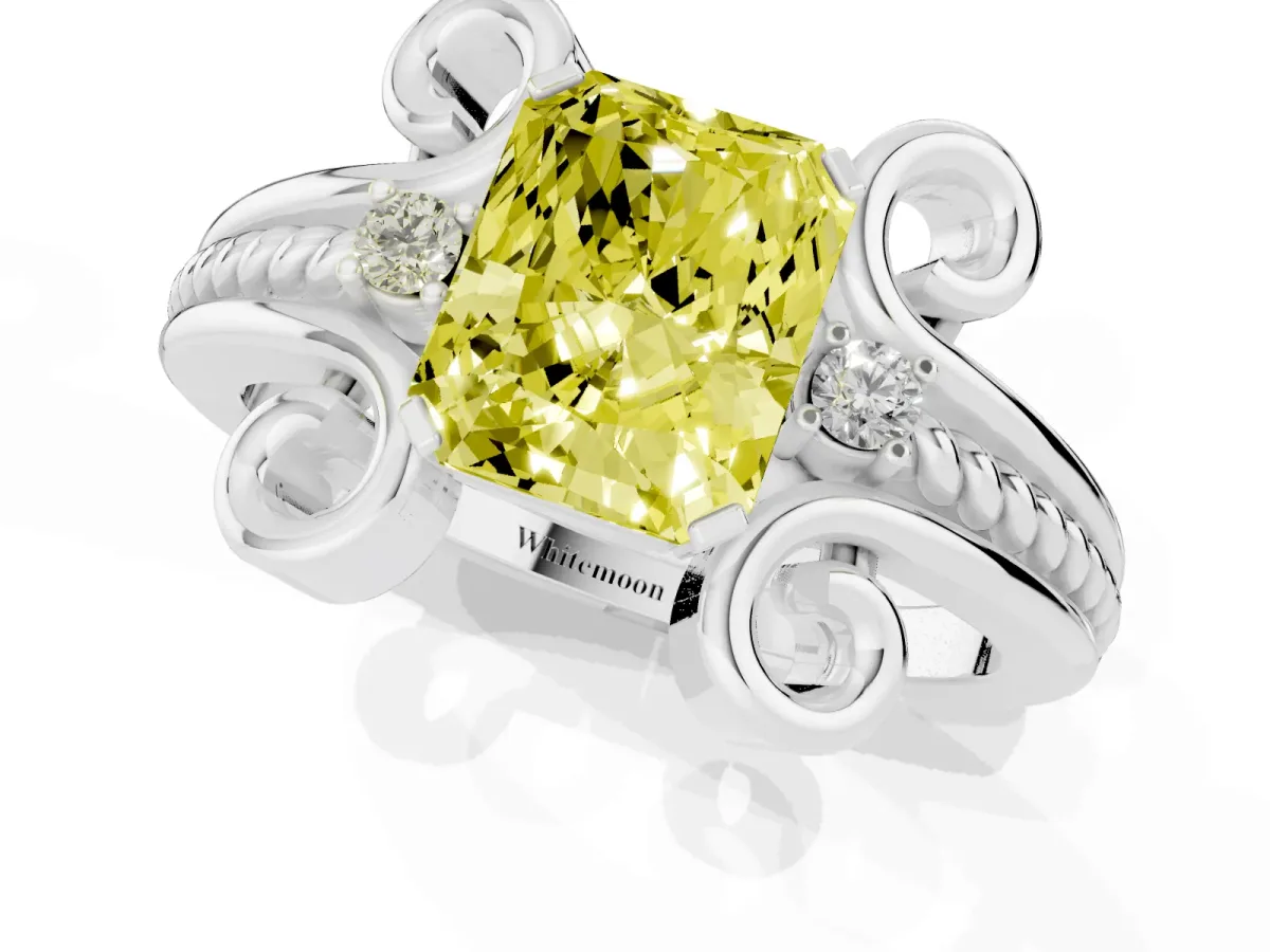 Fancy Yellow Radiant Cut Solitaire Twisted Band Scroll Prong Ring Platinum