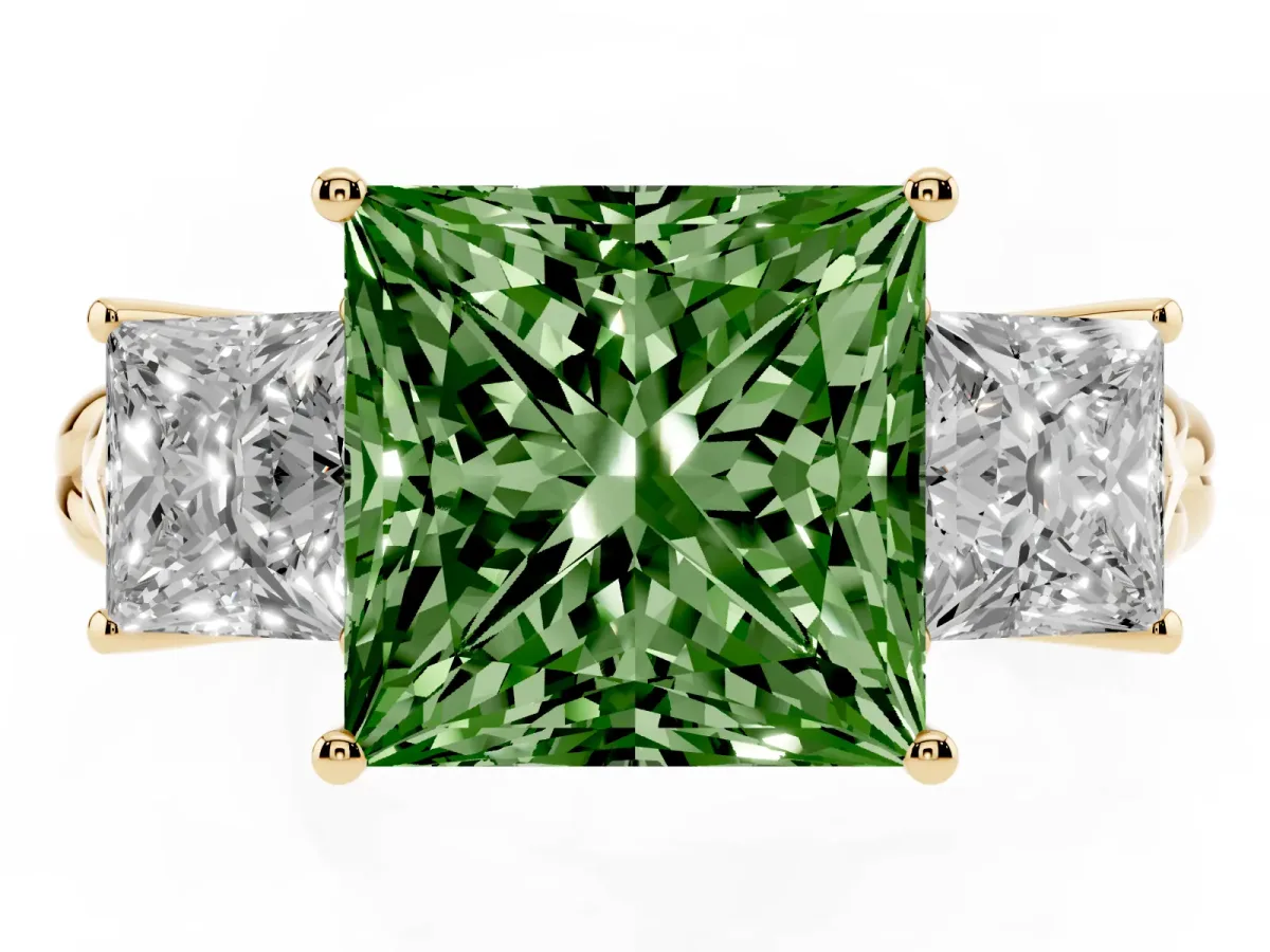 Fancy Green Three-Stone Princess Cut Diamond Braided Band Ring with Four-Prong Setting Yellow gold