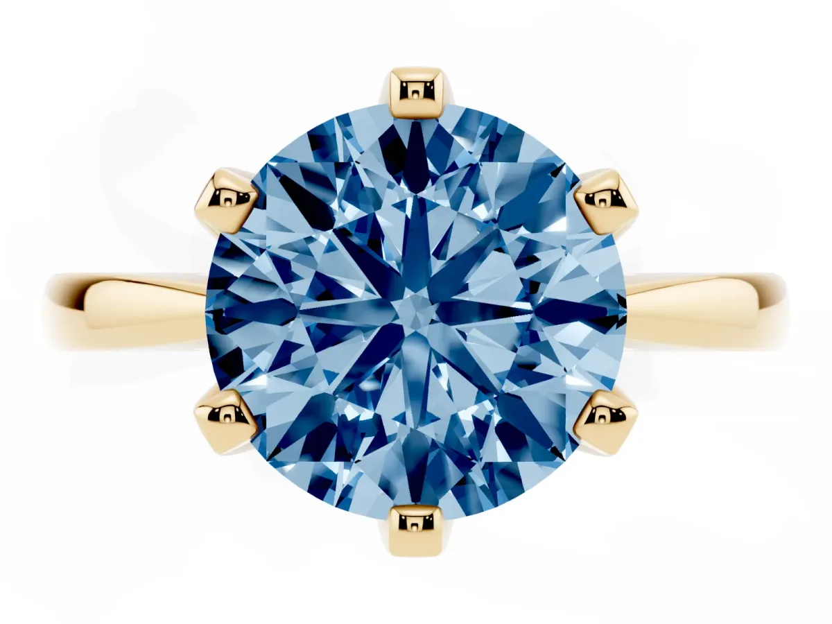 Fancy Blue Round Cut Solitaire Engagement Ring with Six-Prong Setting and Tapered Band Yellow gold