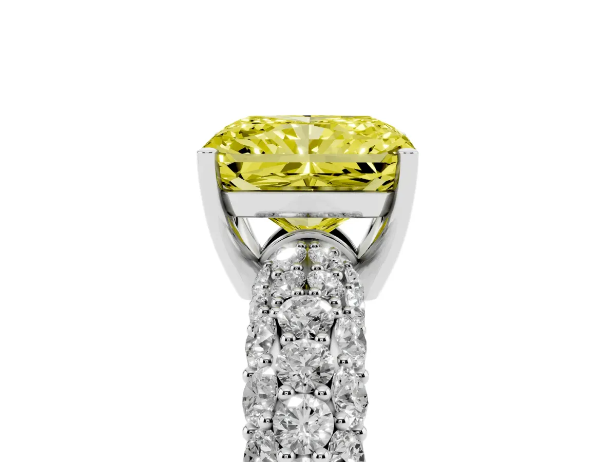 Fancy Yellow Radiant Cut Diamond Pavé Band Solitaire Ring with Four-Prong Setting Silver