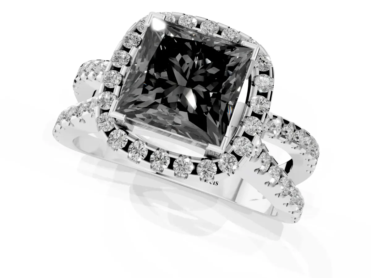 Fancy Black Princess Cut Diamond Halo Ring with Split Shank Pavé Band and Prong Setting Silver
