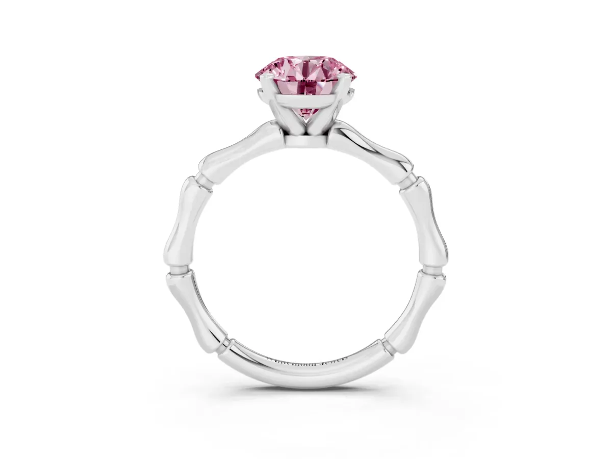 Fancy Pink Round Cut Solitaire Diamond Ring with Bamboo Band and Four-Prong Setting Silver
