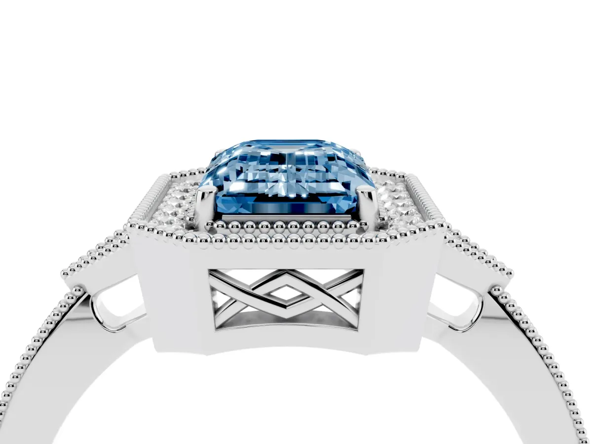Fancy Blue Emerald Cut Halo Round Diamond Milgrain Pave Engagement Ring Silver