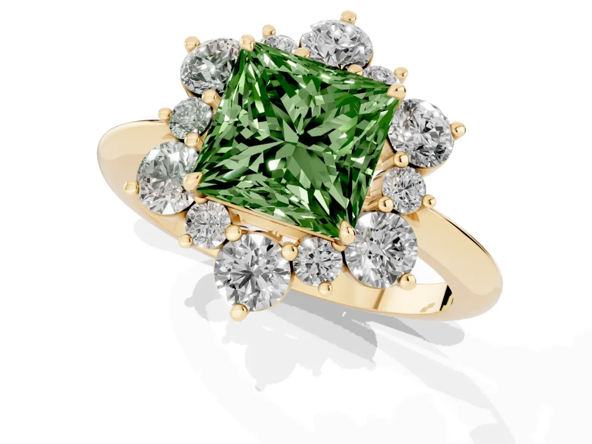 Fancy Green Princess Cut Diamond Cluster Halo Ring with Solitaire Band and Four-Prong Setting Yellow gold
