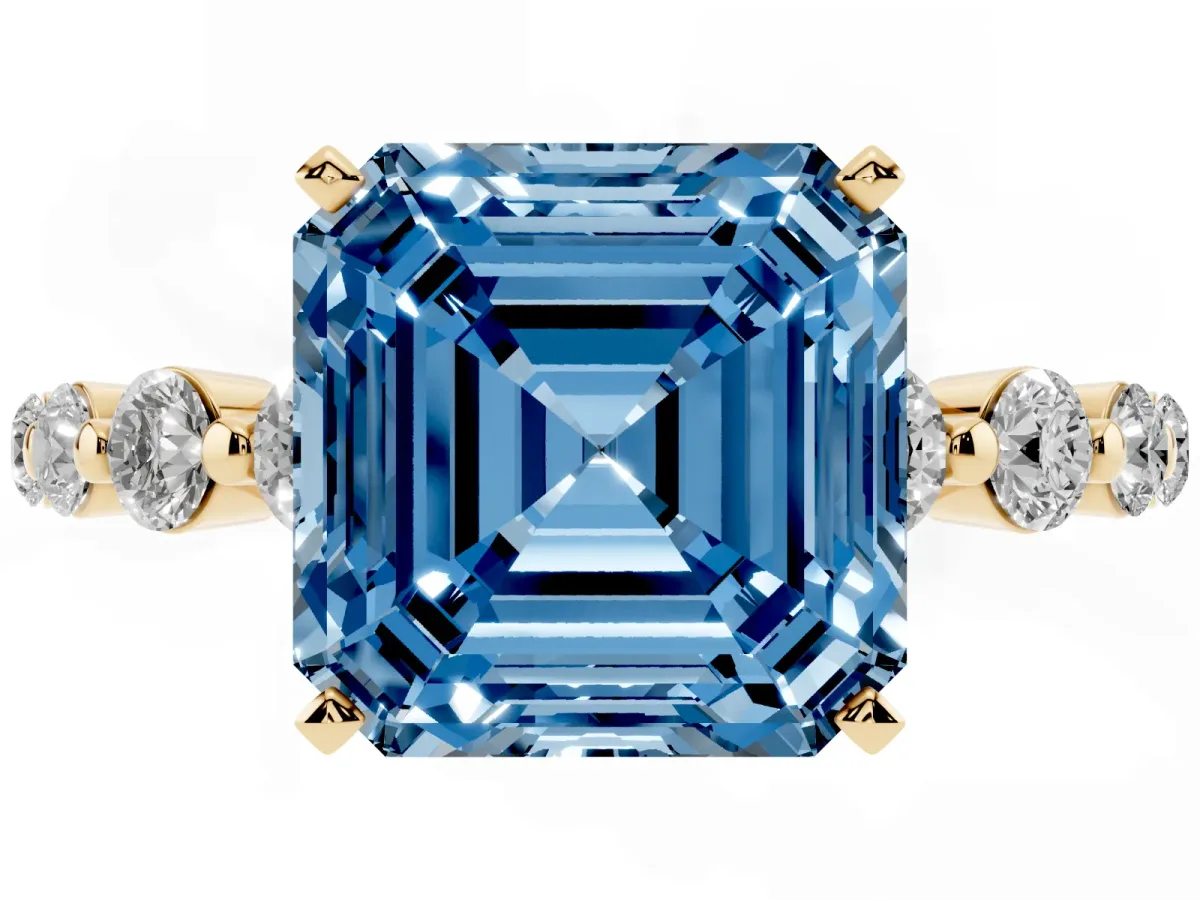 Fancy Blue Asscher Cut Solitaire Diamond Ring with Pave Band and Four-Prong Setting Yellow gold